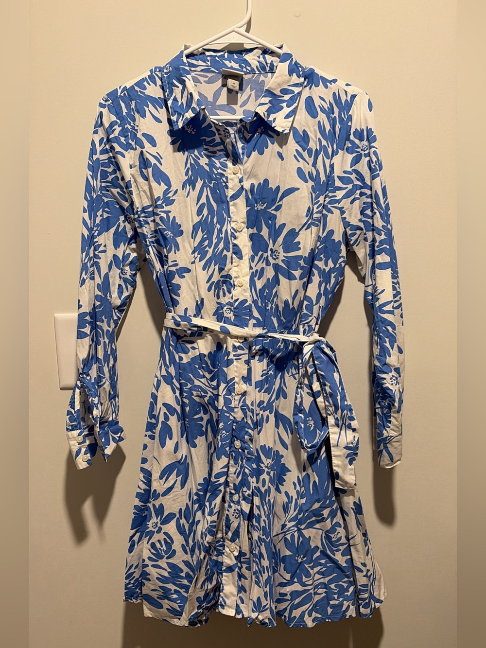 a new day White and Blue Floral Long-Sleeve Shirt Dress with Tie Belt